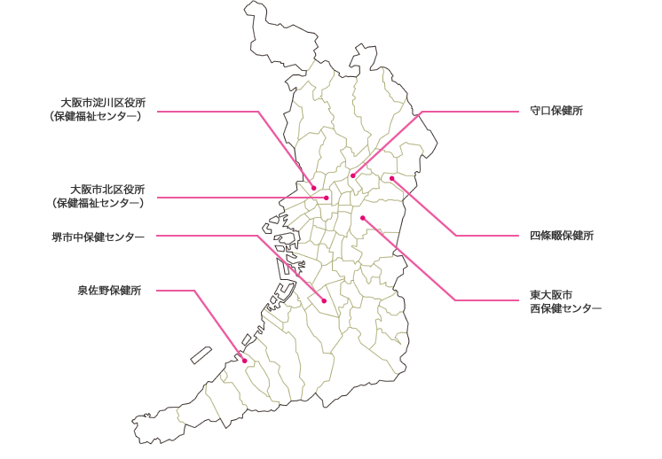 大阪府下で月曜日に検査できる所の地図