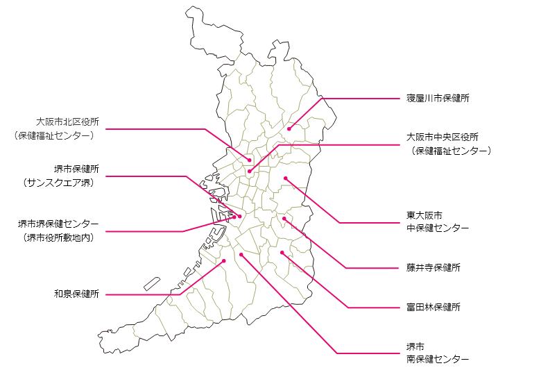 大阪府下で水曜日に検査できる所の地図